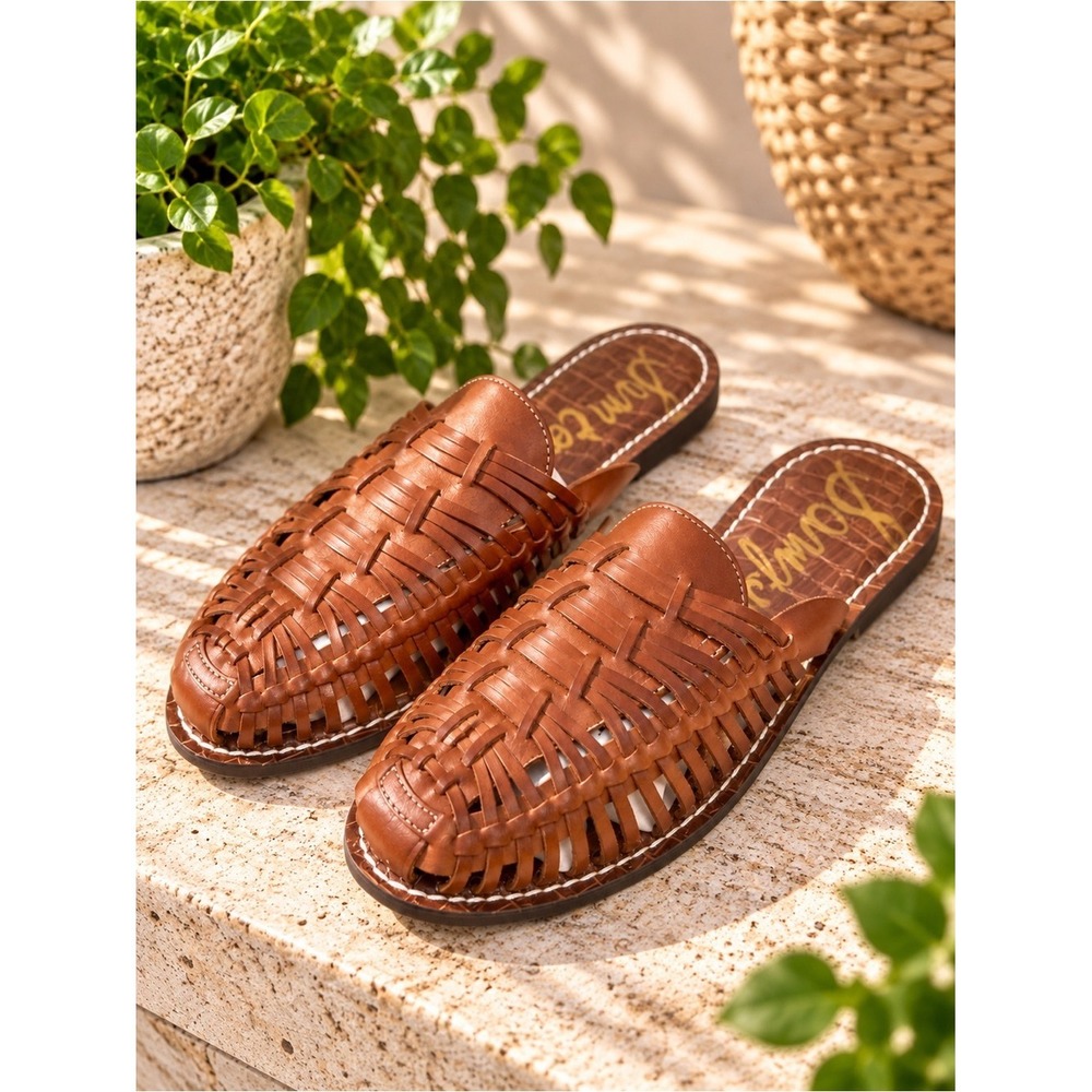 Sam Edelman Keelyn Cognac Woven Leather Huarache Mule Sandals Brown Womens 7.5